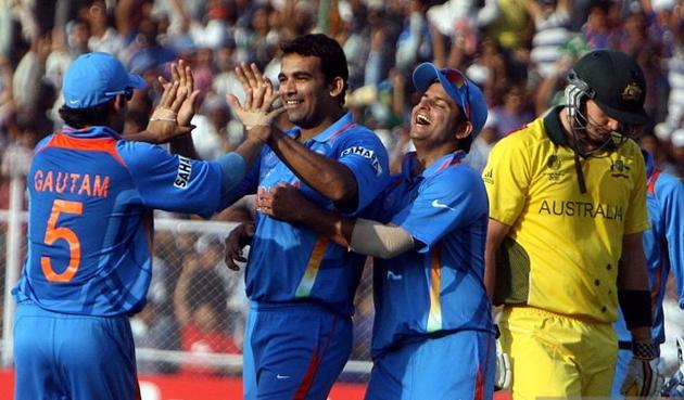 Indian cricket team players celebrate the fall of an Australian cricket team wicket during the quarterfinals of the ICC World Cup in 2011. India beat Australia to boot them out of the tournament. (Getty Images) Indian cricket team players celebrate the fall of an Australian cricket team wicket during the quarterfinals of the ICC World Cup in 2011. India beat Australia to boot them out of the tournament. (Getty Images)
