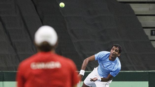 Ramkumar Ramanathan faced Brayden Schnur in the first match of the Davis Cup World Group Play-off tie between India and Canada. (AP)