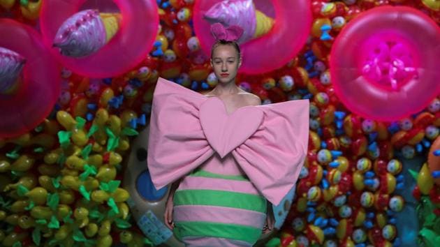 A model in a creation from Agatha Ruiz de la Prada's Spring/Summer 2018 collection. (Reuters) A model in a creation from Agatha Ruiz de la Prada's Spring/Summer 2018 collection. (Reuters)