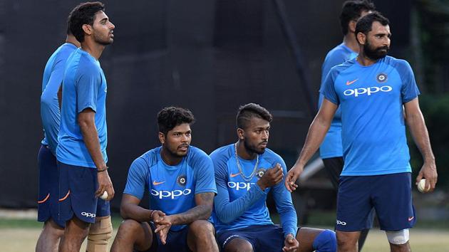 Indian cricketers (L-R) Bhuvaneswar Kumar, Umesh Yadav, Hardik Pandya and Mohammed Shami interact during a training session. (AFP) Indian cricketers (L-R) Bhuvaneswar Kumar, Umesh Yadav, Hardik Pandya and Mohammed Shami interact during a training session. (AFP)
