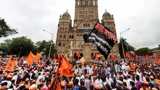 Maratha community people hold a silent protest in Mumbai, to demand reservation in government jobs and educational institutions.(PTI)