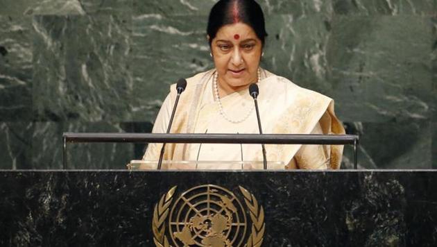 External affairs minister Sushma Swaraj addressing an earlier session of the United Nations General Assembly. (REUTERS) External affairs minister Sushma Swaraj addressing an earlier session of the United Nations General Assembly. (REUTERS)