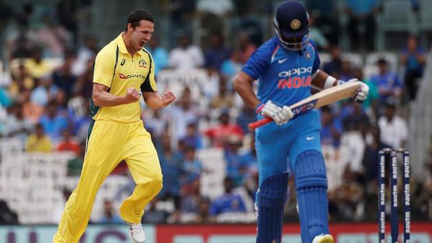 Nathan Coulter-Nile celebrates after dismissing Ajinkya Rahane during India vs Australia 1st ODI in Chennai. (REUTERS) Nathan Coulter-Nile celebrates after dismissing Ajinkya Rahane during India vs Australia 1st ODI in Chennai. (REUTERS)