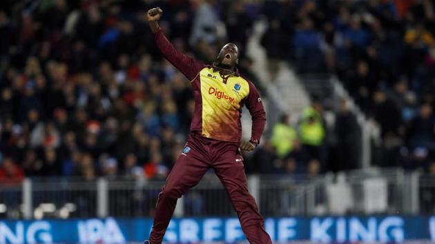 West Indies captain Carlos Brathwaite celebrates picking up a wicket during the one-off Twenty20 International against England on Saturday. (Reuters) West Indies captain Carlos Brathwaite celebrates picking up a wicket during the one-off Twenty20 International against England on Saturday. (Reuters)