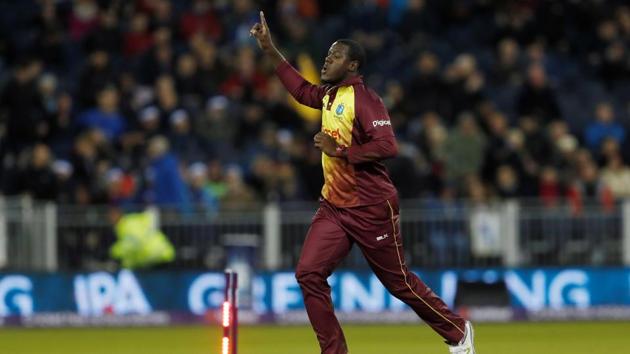 West Indies' Carlos Brathwaite celebrates his wicket of England's Liam Plunkett and victory in the one-off Twenty20 international.(Action Images via Reuters)