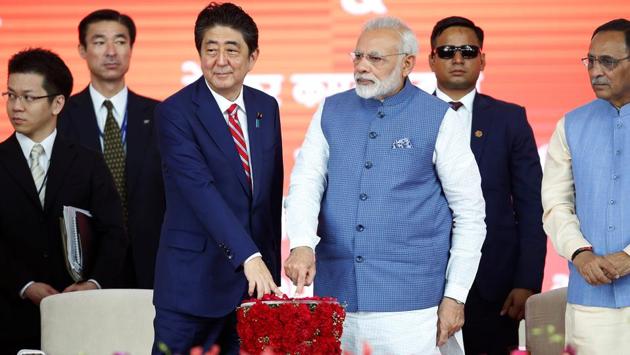 Japanese Prime Minister Shinzo Abe (L) and Narendra Modi press a button at the ceremony for a high-speed rail project in Ahmedabad on September 14, 2017. (Amit Dave / REUTERS) Japanese Prime Minister Shinzo Abe (L) and Narendra Modi press a button at the ceremony for a high-speed rail project in Ahmedabad on September 14, 2017. (Amit Dave / REUTERS)
