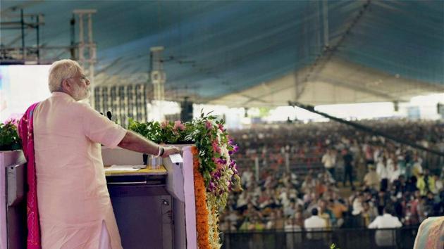 PM Narendra Modi addresses a public meeting in Dabhoi after inauguration of the Sardar Sarovar Dam. (PTI Photo) PM Narendra Modi addresses a public meeting in Dabhoi after inauguration of the Sardar Sarovar Dam. (PTI Photo)