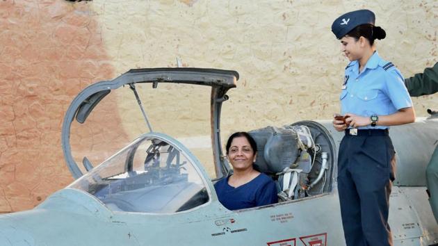 Union defence minister Nirmala Sitharaman inside the cockpit of MIG-21 Biscon during her visit to Air Force Station Uttarlai in Gujarat on Sunday. (PTI Photo) Union defence minister Nirmala Sitharaman inside the cockpit of MIG-21 Biscon during her visit to Air Force Station Uttarlai in Gujarat on Sunday. (PTI Photo)
