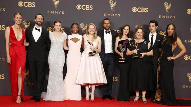 The cast of The Handmaid's Tale poses with the Emmy for Outstanding Drama Series. (REUTERS) The cast of The Handmaid's Tale poses with the Emmy for Outstanding Drama Series. (REUTERS)