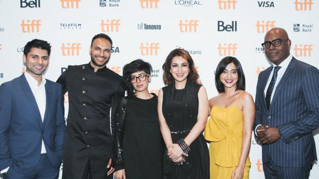 Director Bornila Chatterjee (center left) and actress Tisca Chopra (center right) with other members of the cast of the film, The Hungry, at its world premiere at the Toronto International Film Festival. Also seen is Cameron Bailey (extreme right), the festival’s artistic director.(Courtesy TIFF)