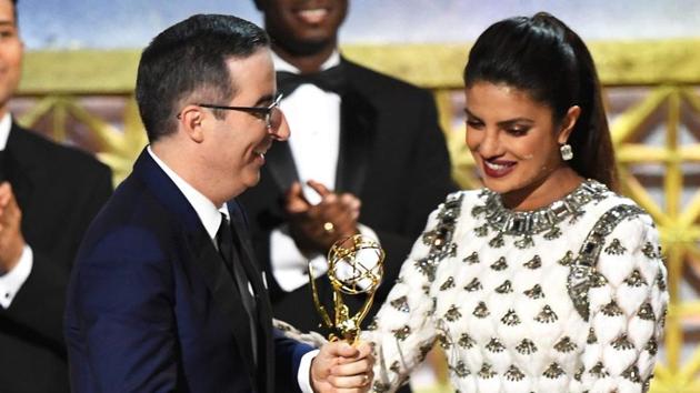 At the 69th Emmy Awards held at Microsoft Theatre in Los Angeles, Priyanka Chopra presented an award to John Oliver. At the 69th Emmy Awards held at Microsoft Theatre in Los Angeles, Priyanka Chopra presented an award to John Oliver.