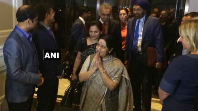 External affairs minister Sushma Swaraj arrives in US for the 72nd UN General Assembly. (ANI) External affairs minister Sushma Swaraj arrives in US for the 72nd UN General Assembly. (ANI)