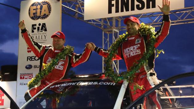Gaurav Gill (right) of Team MRF Skoda, celebrate with co-driver co-driver Stephane Prevot (Belgium) at the podium of Rally Hokkaido in Japan -- the penultimate round of the 2017 FIA Asia Pacific Rally Championship (APRC) (HT Photo) Gaurav Gill (right) of Team MRF Skoda, celebrate with co-driver co-driver Stephane Prevot (Belgium) at the podium of Rally Hokkaido in Japan -- the penultimate round of the 2017 FIA Asia Pacific Rally Championship (APRC) (HT Photo)