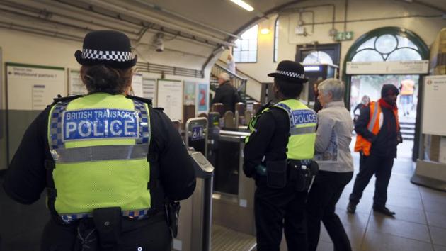 Transport police keep guard at Parsons Green subway station in London on September 18, 2017. A bucket wrapped in an insulated bag caught fire on a packed London subway train at Parsons Green station on September 15, and police are treating it as a terrorist incident. (AP) Transport police keep guard at Parsons Green subway station in London on September 18, 2017. A bucket wrapped in an insulated bag caught fire on a packed London subway train at Parsons Green station on September 15, and police are treating it as a terrorist incident. (AP)