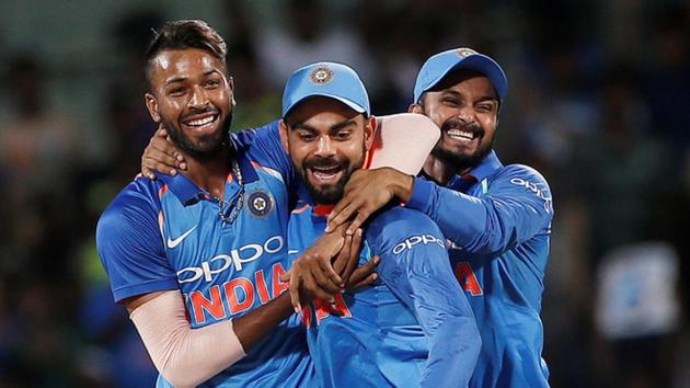 (L to R) Hardik Pandya, Virat Kohli and Kedar Jadhav (L-R) celebrate the dismissal of Steve Smith during the first ODI between India and Australia. (REUTERS) (L to R) Hardik Pandya, Virat Kohli and Kedar Jadhav (L-R) celebrate the dismissal of Steve Smith during the first ODI between India and Australia. (REUTERS)