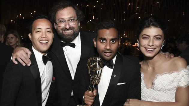 Kelvin Yu, from left, Eric Wareheim, Aziz Ansari, and Alessandra Mastronardi attend the Governors Ball. (Richard Shotwell/Invision/AP) Kelvin Yu, from left, Eric Wareheim, Aziz Ansari, and Alessandra Mastronardi attend the Governors Ball. (Richard Shotwell/Invision/AP)