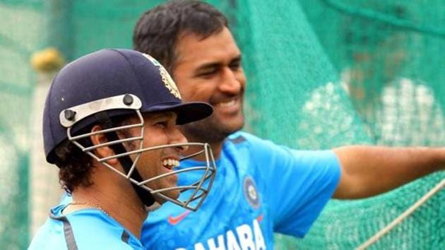 Sachin Tendulkar, who scored a century of international centuries during his cricket career, has congratulated MS Dhoni who has scored a hundred 100 international fifties across the three formats of the game.(HT Photo)