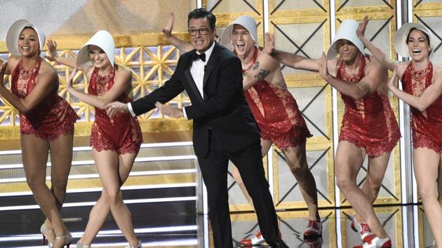 Host Stephen Colbert performs at the 69th Primetime Emmy Awards at the Microsoft Theatre in Los Angeles. (Photo by Chris Pizzello/Invision/AP)(Chris Pizzello/Invision/AP)