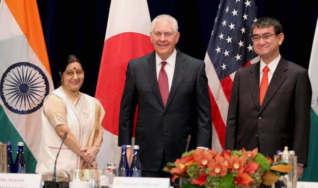 External affairs minister Sushma Swaraj with US secretary of state Rex Tillerson and Japanese foreign minister Taro Kono at the Palace Hotel in New York on September 18, 2017.(PTI) External affairs minister Sushma Swaraj with US secretary of state Rex Tillerson and Japanese foreign minister Taro Kono at the Palace Hotel in New York on September 18, 2017.(PTI)