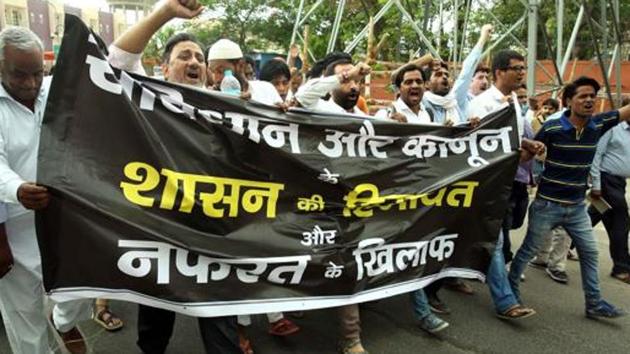 People demand justice for Pehlu khan who was lynched in Alwar, at a rally in Jaipur.(Himanshu Vyas/HT File Photo)