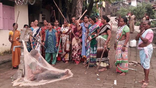 The man was trapped in a fishing before being thrashed. The man was trapped in a fishing before being thrashed.
