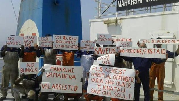 The sailors of ‘Maharshi Vamadeva’ hold a protest on the deck of the ship. (Facebook) The sailors of ‘Maharshi Vamadeva’ hold a protest on the deck of the ship. (Facebook)