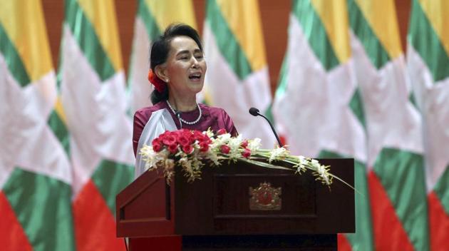 Myanmar's State Counsellor Aung San Suu Kyi delivers a speech to the nation at the Myanmar International Convention Center in Naypyitaw on Tuesday. (AP) Myanmar's State Counsellor Aung San Suu Kyi delivers a speech to the nation at the Myanmar International Convention Center in Naypyitaw on Tuesday. (AP)