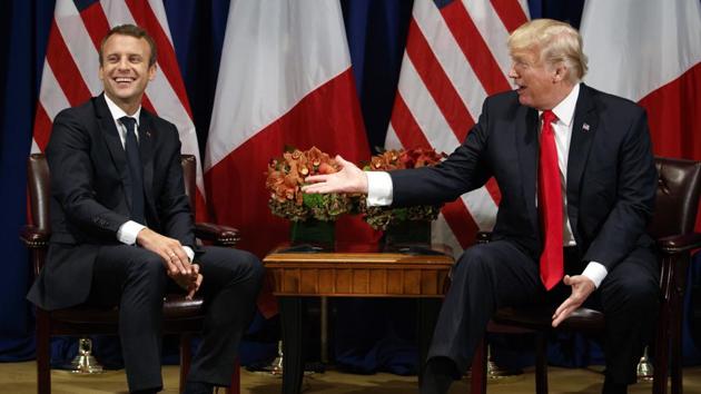 US President Trump and French counterpart Emmanuel Macron will be making their first appearances at the General Assembly this year. While Trump has expressed distrust of the UN’s sanctions and resolutions, Macron is touted to project himself as an alternative to the US and a proponent of multilateralism. (Evan Vucci / AP) US President Trump and French counterpart Emmanuel Macron will be making their first appearances at the General Assembly this year. While Trump has expressed distrust of the UN’s sanctions and resolutions, Macron is touted to project himself as an alternative to the US and a proponent of multilateralism. (Evan Vucci / AP)