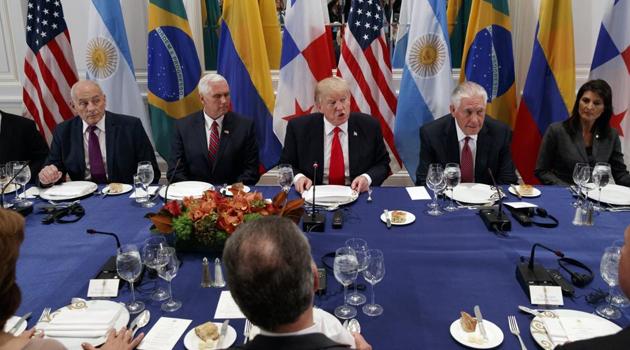 US President Donald Trump speaks during dinner with Latin American leaders at the Palace Hotel during the United Nations General Assembly on Monday. (AP) US President Donald Trump speaks during dinner with Latin American leaders at the Palace Hotel during the United Nations General Assembly on Monday. (AP)