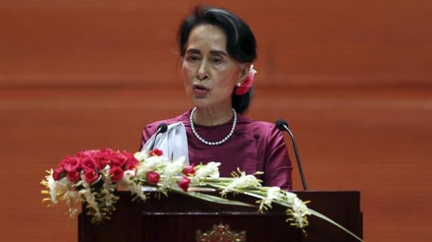 Myanmar's State Counsellor Aung San Suu Kyi delivers a televised speech to the nation at the Myanmar International Convention Center in Naypyitaw, Myanmar, Tuesday, Sept. 19, 2017.(AP) Myanmar's State Counsellor Aung San Suu Kyi delivers a televised speech to the nation at the Myanmar International Convention Center in Naypyitaw, Myanmar, Tuesday, Sept. 19, 2017.(AP)