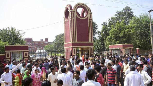 Demonstrators protest outside Ryan International School demanding action against the school, in Gurugram recently. (PTI) Demonstrators protest outside Ryan International School demanding action against the school, in Gurugram recently. (PTI)