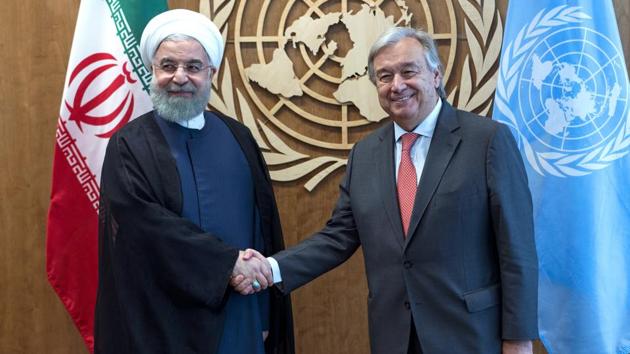 At the UN podium, Macron is expected to defend the landmark nuclear deal with Iran amid fears that a US pullout would deal a blow to decades of global non-proliferation efforts. A counterview is likely to come from Israeli Prime Minister Benjamin Netanyahu who on Monday described the nuclear deal as ‘terrible’ as he went into talks with Trump. Netanyahu’s address comes a day before Iranian leader Hassan Rouhani will address the assembly. (Craig Ruttle / AP) At the UN podium, Macron is expected to defend the landmark nuclear deal with Iran amid fears that a US pullout would deal a blow to decades of global non-proliferation efforts. A counterview is likely to come from Israeli Prime Minister Benjamin Netanyahu who on Monday described the nuclear deal as ‘terrible’ as he went into talks with Trump. Netanyahu’s address comes a day before Iranian leader Hassan Rouhani will address the assembly. (Craig Ruttle / AP)
