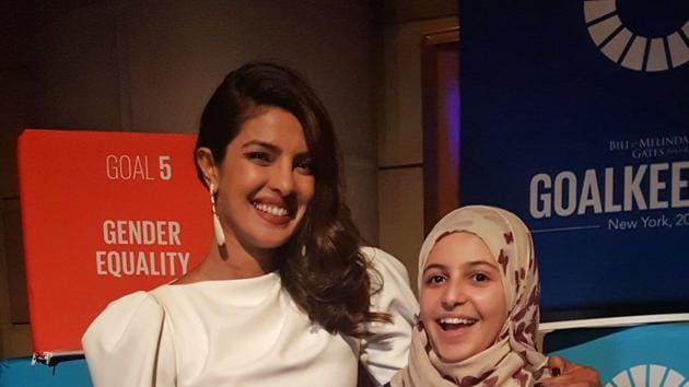 Muzoon Almellehan and Priyanka Chopra at the UN General Assembly.