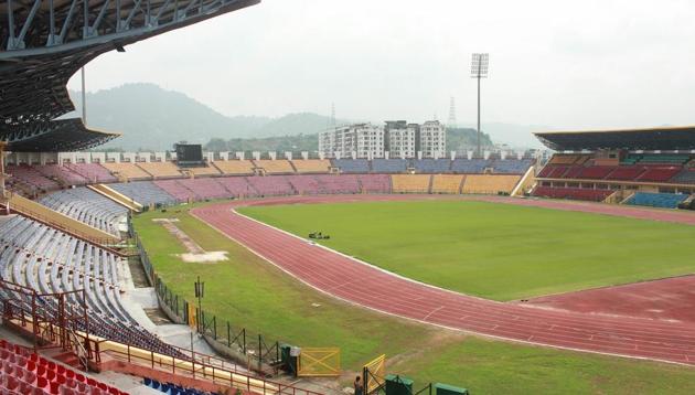Guwahati’s Indira Gandhi Athletic Stadium (Sarusajai stadium), a multipurpose venue with a race track surrounding the football turf used to seat about 35,000, but post renovation for the FIFA Under-17 World Cup, officials say, the capacity now is 28,500.(HT Photo)