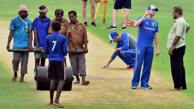 Australia captain Steve Smith has a word with the ground staff as the team practised indoors. (PTI) Australia captain Steve Smith has a word with the ground staff as the team practised indoors. (PTI)