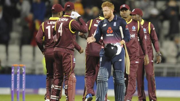 England's Johnny Bairstow shakes hands with West Indies players after England beat the West Indies by seven wickets in the first One Day International at Old Trafford in Manchester on Tuesday.(AP)