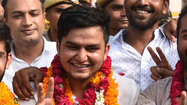 NSUI candidate Rocky Tuseed after his win in the DUSU polls. (Sushil Kumar/HT PHOTO) NSUI candidate Rocky Tuseed after his win in the DUSU polls. (Sushil Kumar/HT PHOTO)