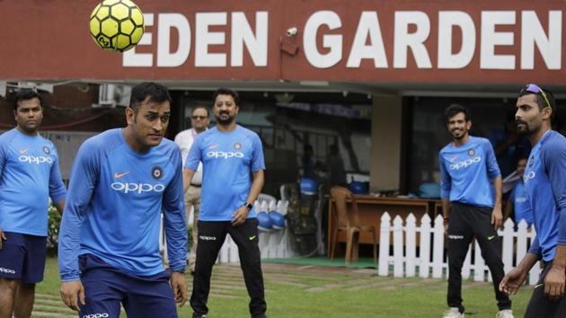 MS Dhoni and other members of the Indian cricket team decided to have an impromptu football practice session just outside the dressing room. (AP) MS Dhoni and other members of the Indian cricket team decided to have an impromptu football practice session just outside the dressing room. (AP)