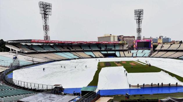 Some of the covers were removed as the ground staff try to prepare the ground but there is a threat of rain even during the match on Thursday. (PTI) Some of the covers were removed as the ground staff try to prepare the ground but there is a threat of rain even during the match on Thursday. (PTI)