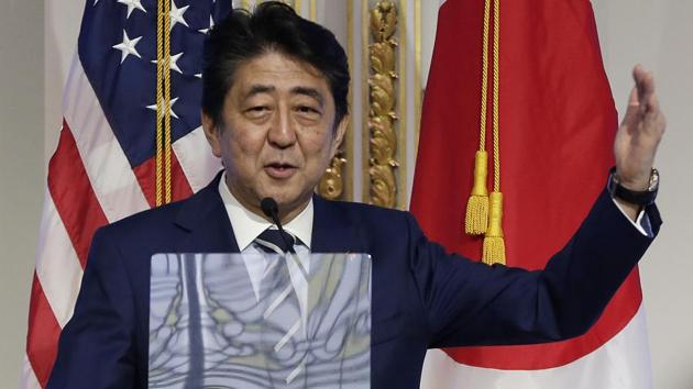 Japan's Prime Minister Shinzo Abe delivers his keynote speech on Japan's economy and investment-friendly reforms, at the New York Stock Exchange, Wednesday, Sept. 20, 2017.(AP)