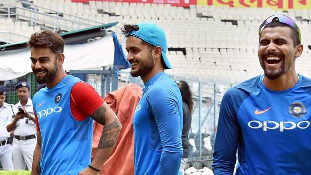 Virat Kohli has a good laugh with Ravindra Jadeja and Manish Pandey. (PTI) Virat Kohli has a good laugh with Ravindra Jadeja and Manish Pandey. (PTI)