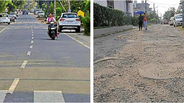 The road outside BJP MLA Gian Chand Gupta’s house in Sector 17; and (right) an internal road dotted with potholes in Sector 25, Panchkula. (Sant Arora/HT) The road outside BJP MLA Gian Chand Gupta’s house in Sector 17; and (right) an internal road dotted with potholes in Sector 25, Panchkula. (Sant Arora/HT)
