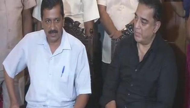 Kamal Haasan and Delhi CM Arvind Kejriwal at Haasan’s residence in Chennai. (ANI Photo) Kamal Haasan and Delhi CM Arvind Kejriwal at Haasan’s residence in Chennai. (ANI Photo)