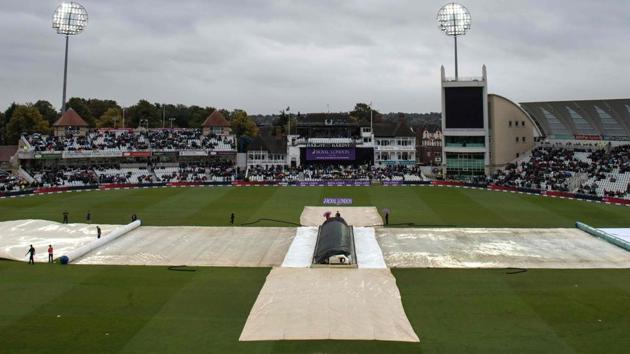Ground staff cover the wicket during the second One-Day International (ODI) cricket match between England and the West Indies at Trent Bridge. Follow full cricket score of England vs West Indies, 2nd ODI, Trent Bridge here.(AFP)