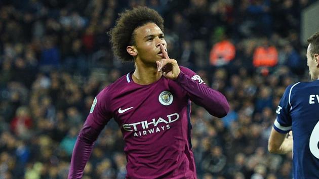 Manchester City's German midfielder Leroy Sane celebrates after scoring their second goal during the English League Cup third round football match against West Bromwich Albion at The Hawthorns in West Bromwich on Wednesday. (AFP) Manchester City's German midfielder Leroy Sane celebrates after scoring their second goal during the English League Cup third round football match against West Bromwich Albion at The Hawthorns in West Bromwich on Wednesday. (AFP)