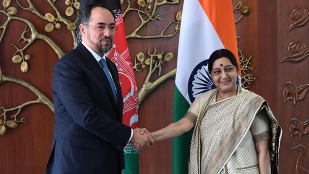 External Affairs Minister Sushma Swaraj shakes hands with Afghan Foreign Minister Salahuddin Rabbani prior to a meeting in New Delhi on September 11, 2017 during his three-day official visit to India. (AFP) External Affairs Minister Sushma Swaraj shakes hands with Afghan Foreign Minister Salahuddin Rabbani prior to a meeting in New Delhi on September 11, 2017 during his three-day official visit to India. (AFP)
