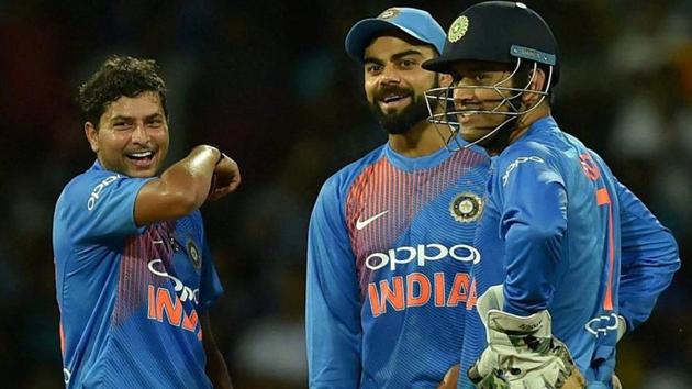 Kuldeep Yadav became the third Indian to take a hat-trick in ODIs. He achieved the feat against Australia at the Eden Gardens.(PTI)