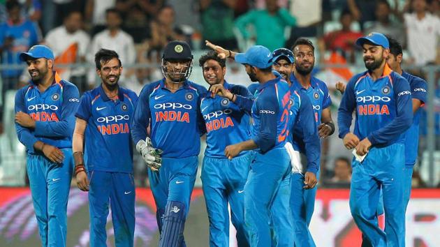Kuldeep Yadav became the third Indian bowler to take a hat-trick in ODIs as India defeated Australia by 50 runs to take a 2-0 lead in the five-match series. Get full cricket score of India vs Australia, 2nd ODI, here.(BCCI)