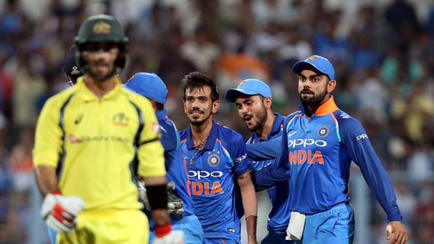 Chahal followed it up with Glenn Maxwell’s wicket and Steve Smith was snapped up by Hardik Pandya. (BCCI) Chahal followed it up with Glenn Maxwell’s wicket and Steve Smith was snapped up by Hardik Pandya. (BCCI)