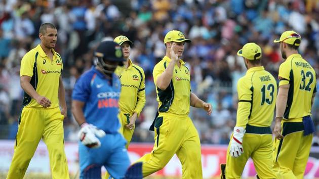 Australia struck with the wicket of Jadhav and proceeded to dent India’s progress in the middle overs. (BCCI) Australia struck with the wicket of Jadhav and proceeded to dent India’s progress in the middle overs. (BCCI)
